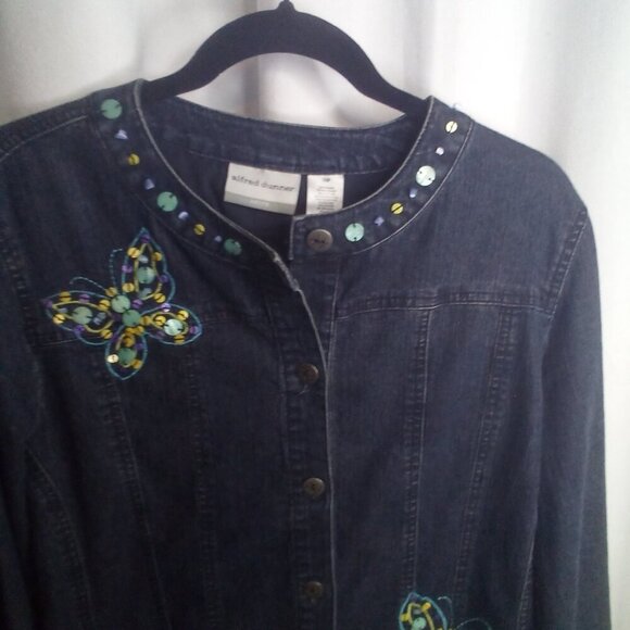Alfred Dunner Jean Jacket 10P 10 Petite Button Up Butterfly Beading Denim Blue - Picture 6 of 15